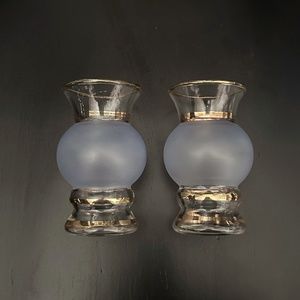 MCM 1953 Bartlett Collins 2 Frosted Blue Glass Vases Gold Bands Hand Crafted USA